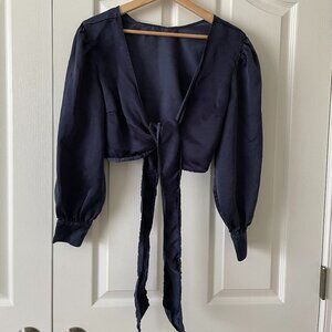 Whimsy + Row Lauren Reversible Long Sleeve Cropped Navy Tie Silky Tencel Top L